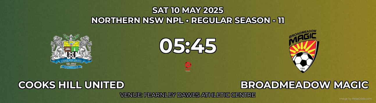 Cooks Hill United vs Broadmeadow Magic Prediction match poster for Northern NSW NPL fixture on SAT 10 MAY 2025