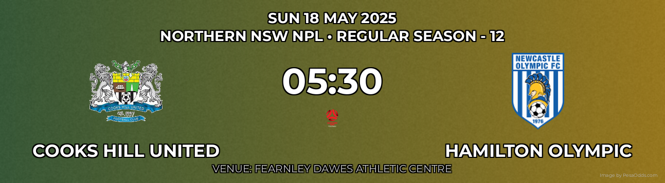 Cooks Hill United vs Hamilton Olympic Prediction match poster for Northern NSW NPL fixture on SUN 18 MAY 2025