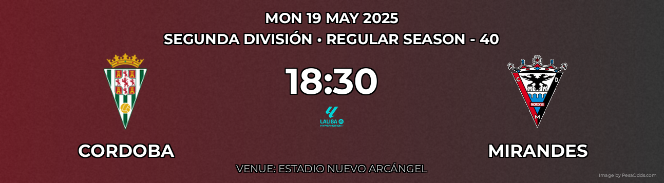 Cordoba vs Mirandes Prediction match poster for Segunda División fixture on MON 19 MAY 2025