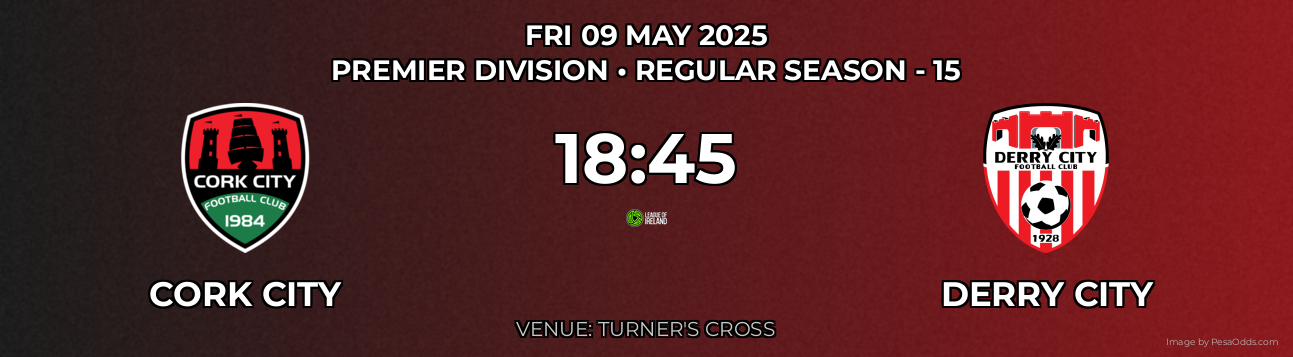 Cork City vs Derry City Prediction match poster for Premier Division fixture on FRI 09 MAY 2025