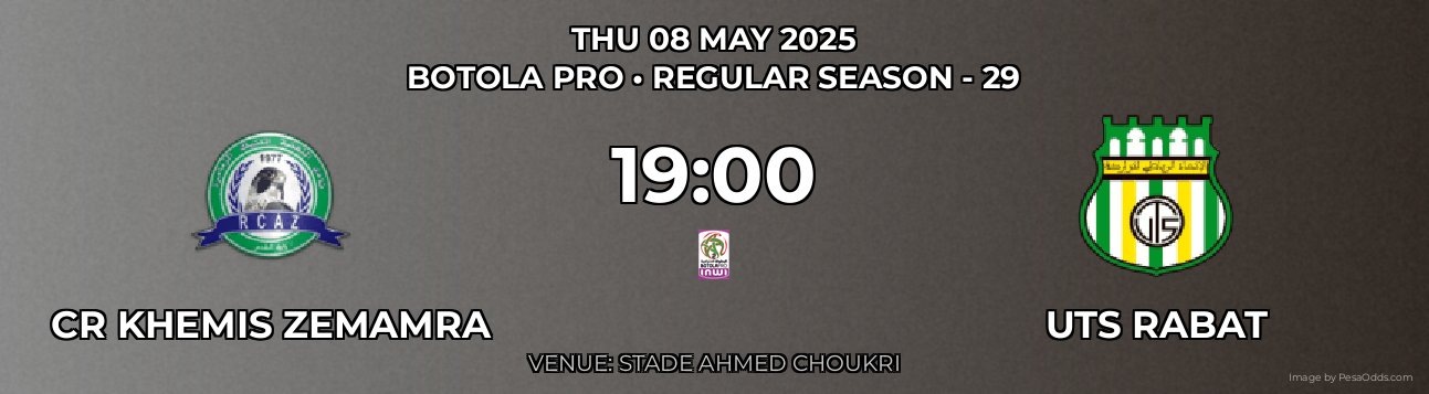 CR Khemis Zemamra vs UTS Rabat Prediction match poster for Botola Pro fixture on THU 08 MAY 2025