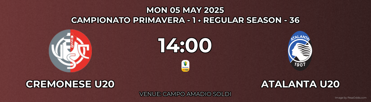 Cremonese U20 vs Atalanta U20 Prediction match poster for Campionato Primavera - 1 fixture on MON 05 MAY 2025