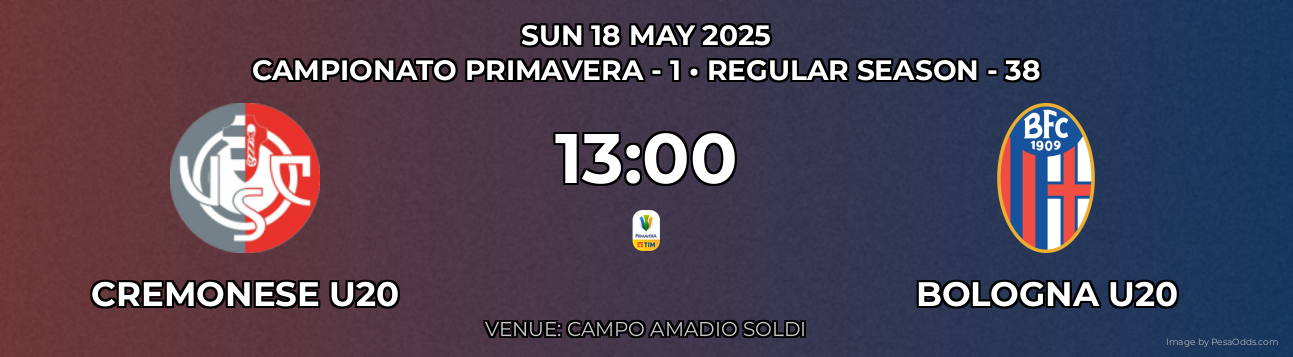 Cremonese U20 vs Bologna U20 Prediction match poster for Campionato Primavera - 1 fixture on SUN 18 MAY 2025