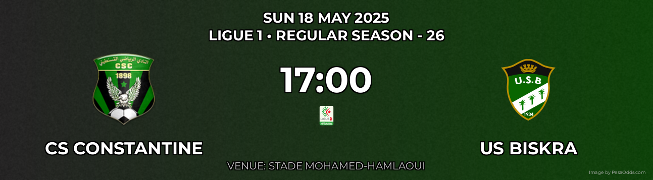 CS Constantine vs US Biskra Prediction match poster for Ligue 1 fixture on SUN 18 MAY 2025