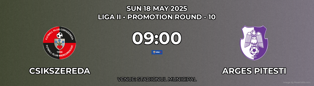Csikszereda vs Arges Pitesti Prediction match poster for Liga II fixture on SUN 18 MAY 2025