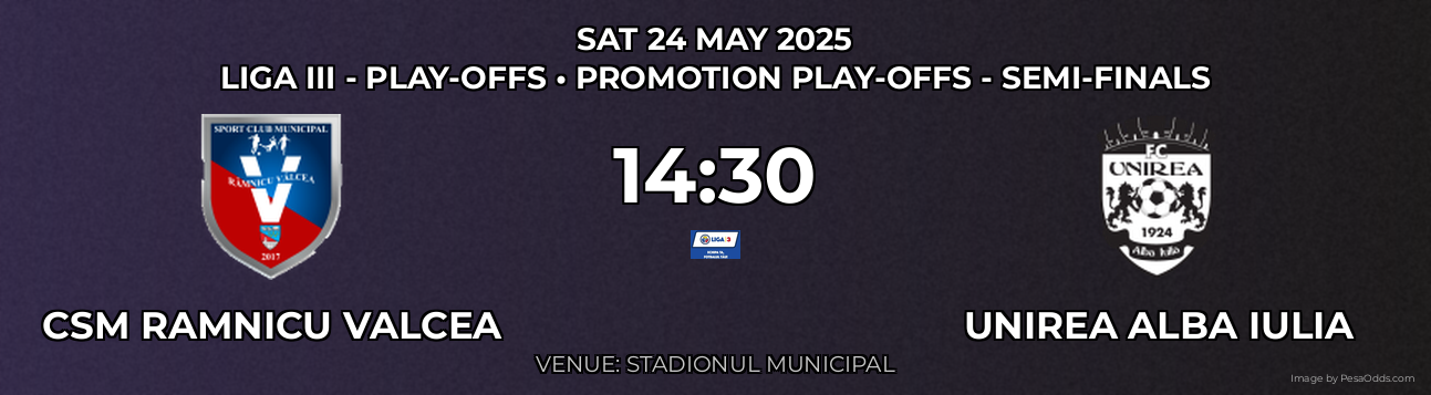 CSM Ramnicu Valcea vs Unirea Alba Iulia Prediction match poster for Liga III - Play-offs fixture on SAT 24 MAY 2025