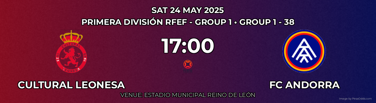 Cultural Leonesa vs FC Andorra Prediction match poster for Primera División RFEF - Group 1 fixture on SAT 24 MAY 2025