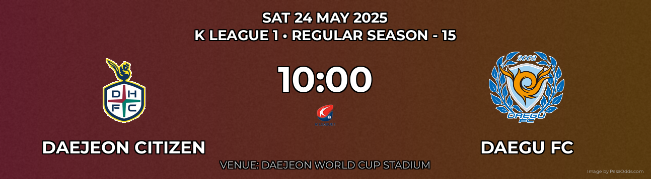 Daejeon Citizen vs Daegu FC Prediction match poster for K League 1 fixture on SAT 24 MAY 2025