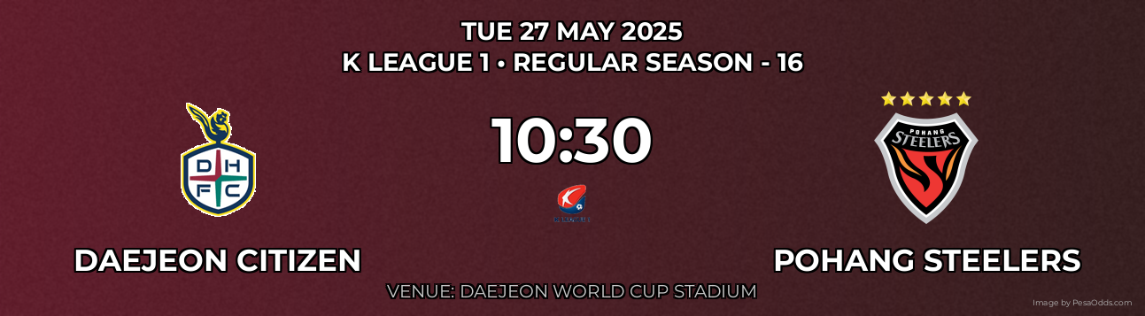 Daejeon Citizen vs Pohang Steelers Prediction match poster for K League 1 fixture on TUE 27 MAY 2025