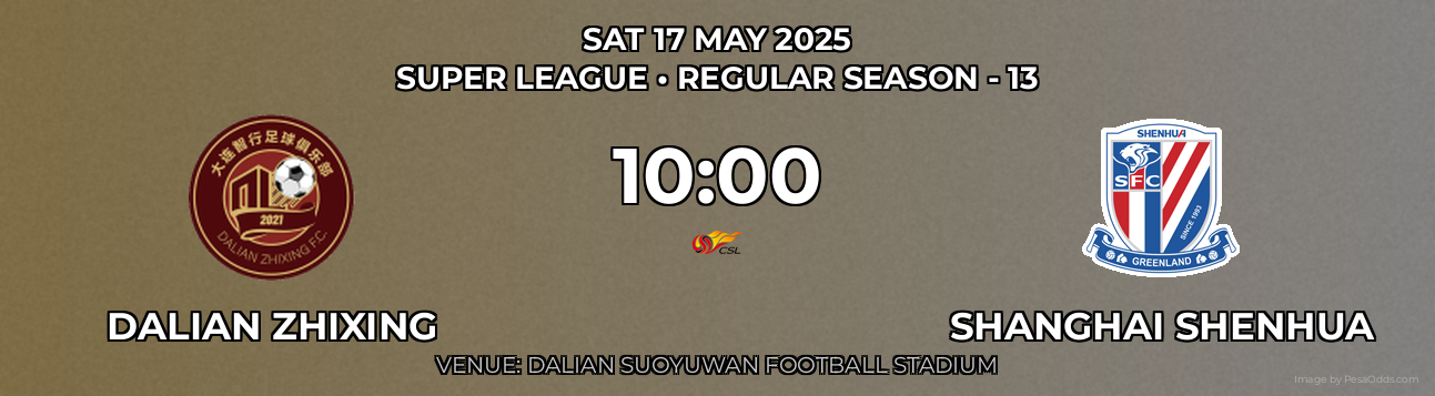 Dalian Zhixing vs Shanghai Shenhua Prediction match poster for Super League fixture on SAT 17 MAY 2025