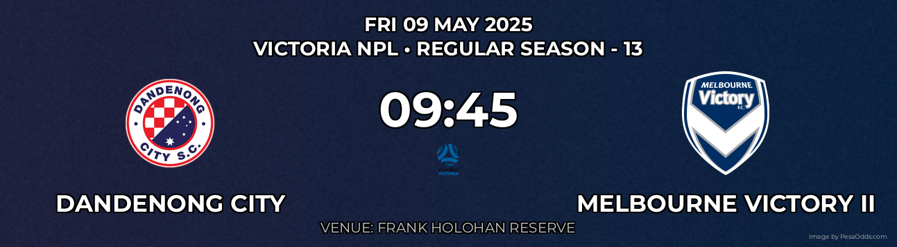 Dandenong City vs Melbourne Victory II Prediction match poster for Victoria NPL fixture on FRI 09 MAY 2025