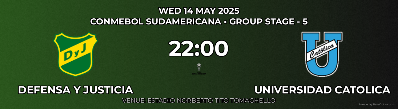 Defensa Y Justicia vs Universidad Catolica Prediction match poster for CONMEBOL Sudamericana fixture on WED 14 MAY 2025