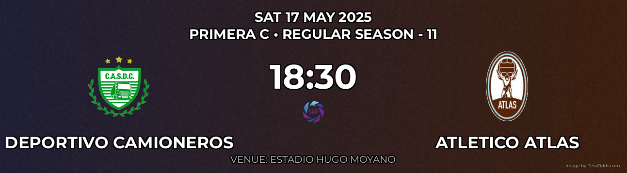 Deportivo Camioneros vs Atletico Atlas Prediction match poster for Primera C fixture on SAT 17 MAY 2025
