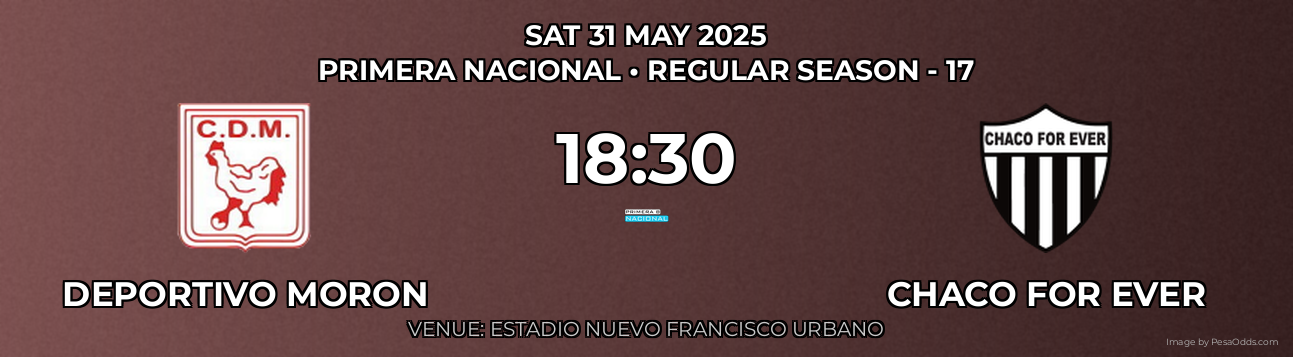 Deportivo Moron vs Chaco For Ever Prediction match poster for Primera Nacional fixture on SAT 31 MAY 2025