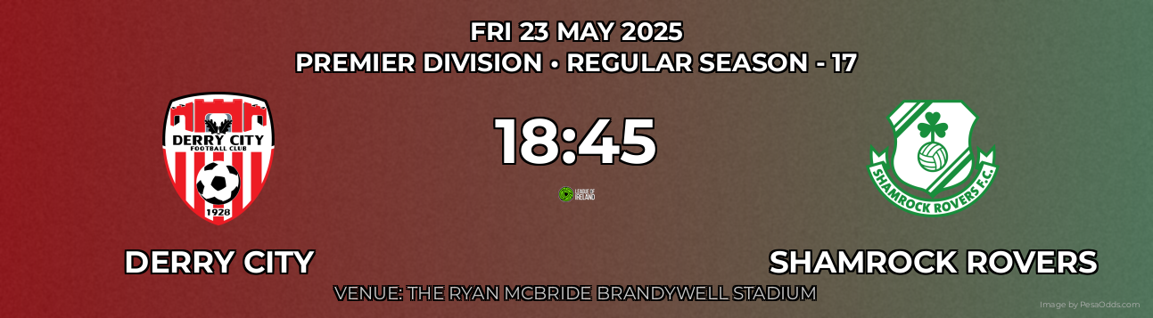 Derry City vs Shamrock Rovers Prediction match poster for Premier Division fixture on FRI 23 MAY 2025