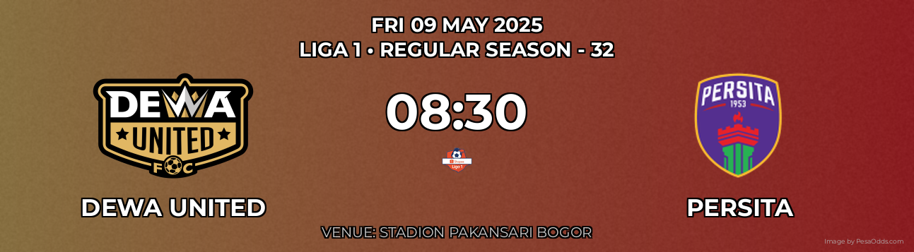 Dewa United vs Persita Prediction match poster for Liga 1 fixture on FRI 09 MAY 2025
