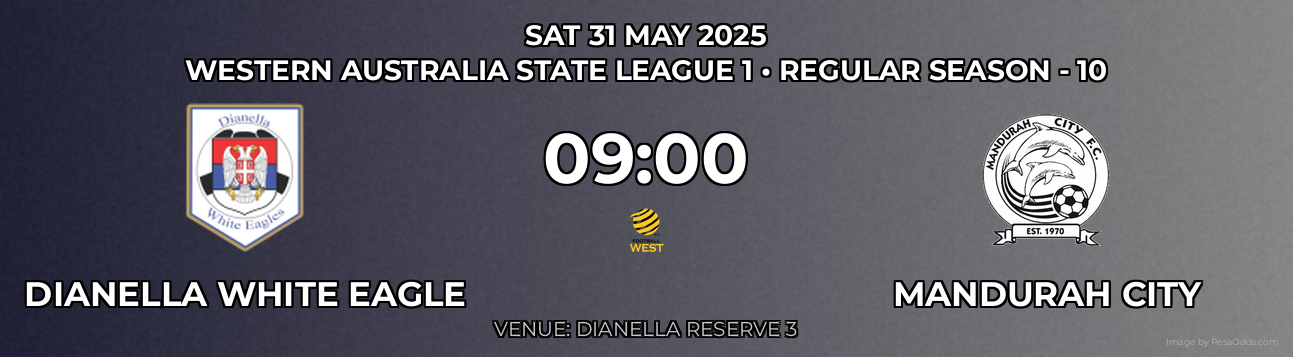 Dianella White Eagle vs Mandurah City Prediction match poster for Western Australia State League 1 fixture on SAT 31 MAY 2025