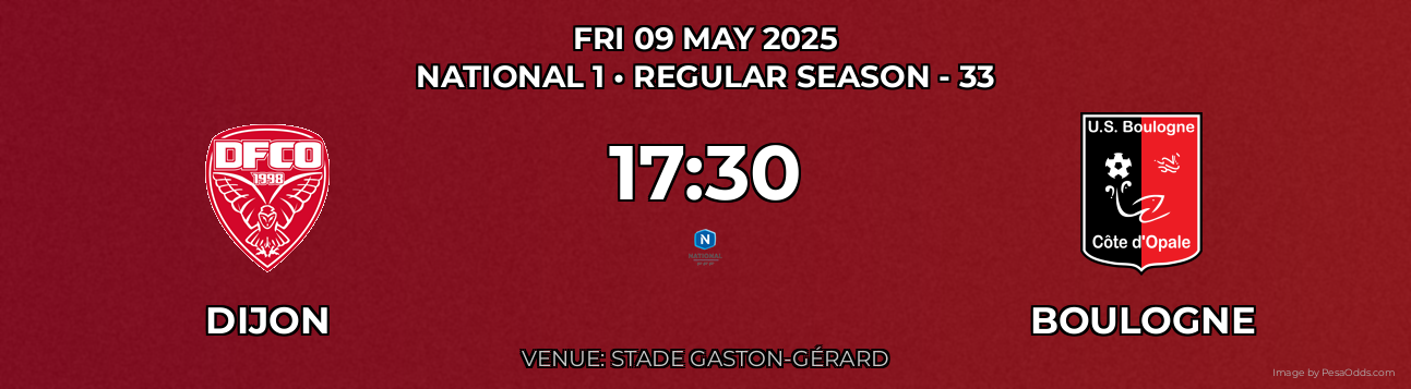 Dijon vs Boulogne Prediction match poster for National 1 fixture on FRI 09 MAY 2025