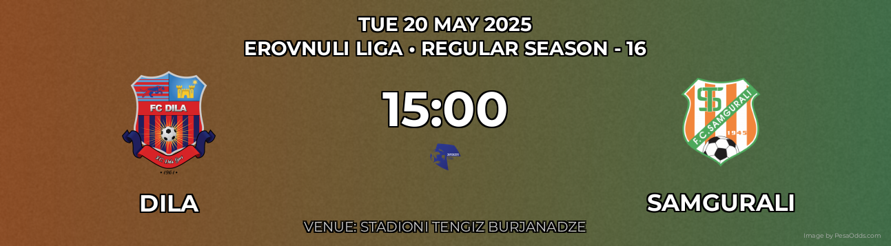 Dila vs Samgurali Prediction match poster for Erovnuli Liga fixture on TUE 20 MAY 2025