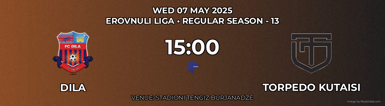 Dila vs Torpedo Kutaisi Prediction match poster for Erovnuli Liga fixture on WED 07 MAY 2025