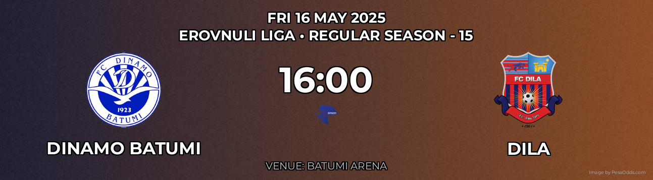 Dinamo Batumi vs Dila Prediction match poster for Erovnuli Liga fixture on FRI 16 MAY 2025