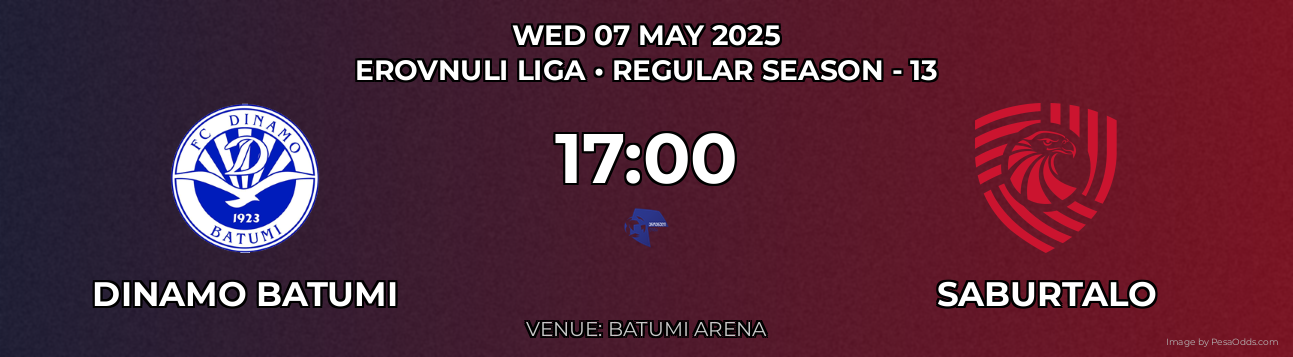 Dinamo Batumi vs Saburtalo Prediction match poster for Erovnuli Liga fixture on WED 07 MAY 2025