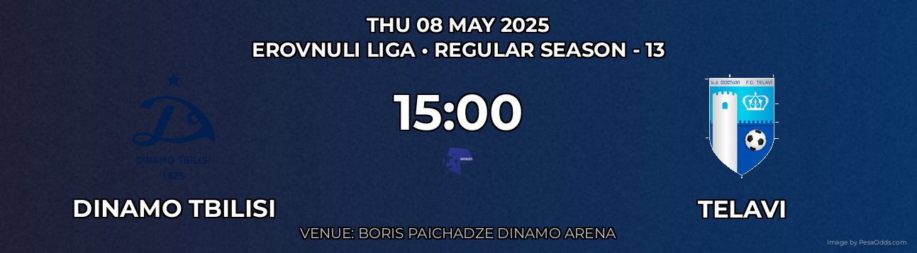 Dinamo Tbilisi vs Telavi Prediction match poster for Erovnuli Liga fixture on THU 08 MAY 2025