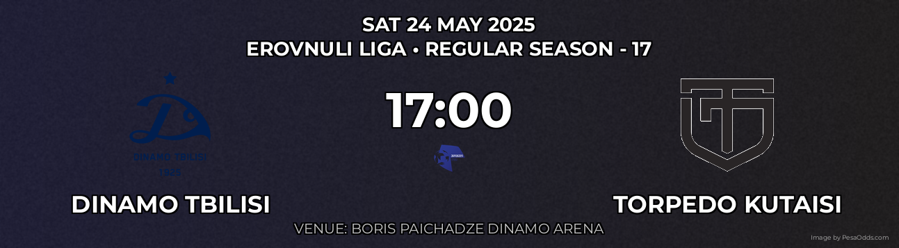 Dinamo Tbilisi vs Torpedo Kutaisi Prediction match poster for Erovnuli Liga fixture on SAT 24 MAY 2025