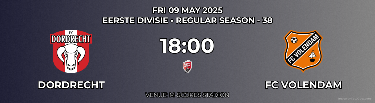 Dordrecht vs FC Volendam Prediction match poster for Eerste Divisie fixture on FRI 09 MAY 2025