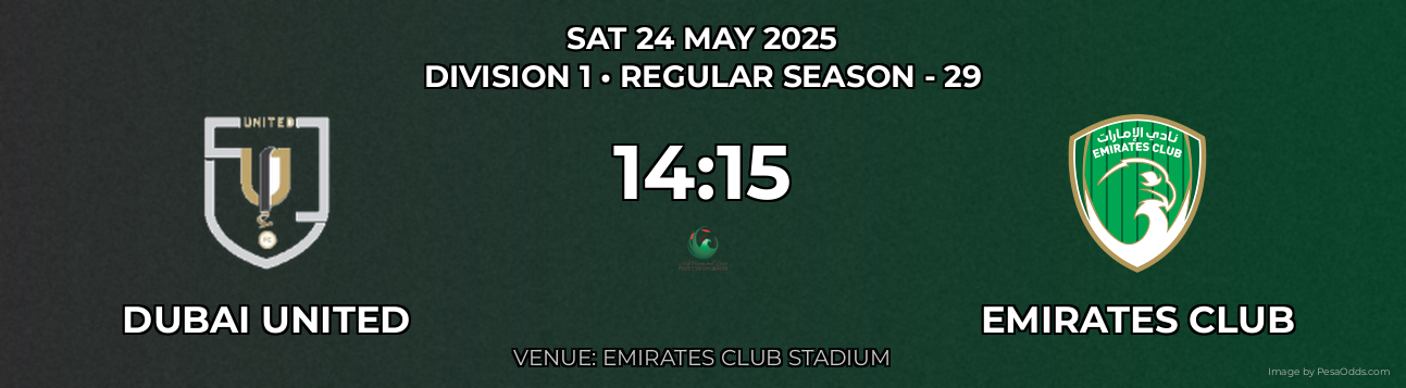 Dubai United vs Emirates Club Prediction match poster for Division 1 fixture on SAT 24 MAY 2025