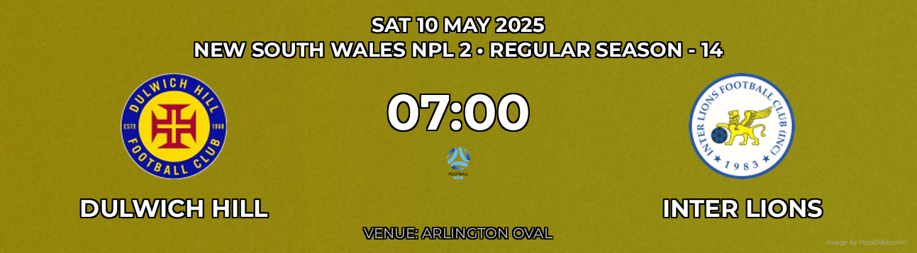 Dulwich Hill vs Inter Lions Prediction match poster for New South Wales NPL 2 fixture on SAT 10 MAY 2025