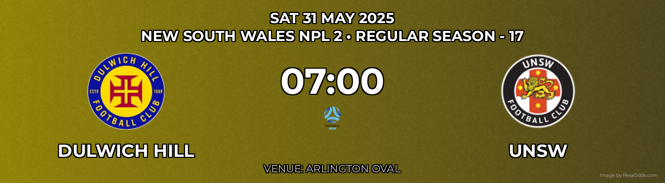 Dulwich Hill vs UNSW Prediction match poster for New South Wales NPL 2 fixture on SAT 31 MAY 2025