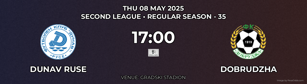 Dunav Ruse vs Dobrudzha Prediction match poster for Second League fixture on THU 08 MAY 2025