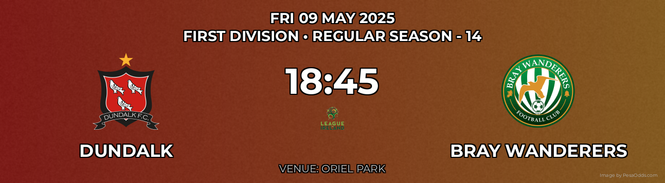 Dundalk vs Bray Wanderers Prediction match poster for First Division fixture on FRI 09 MAY 2025