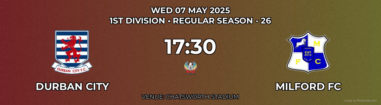 Durban City vs Milford FC Prediction match poster for 1st Division fixture on WED 07 MAY 2025