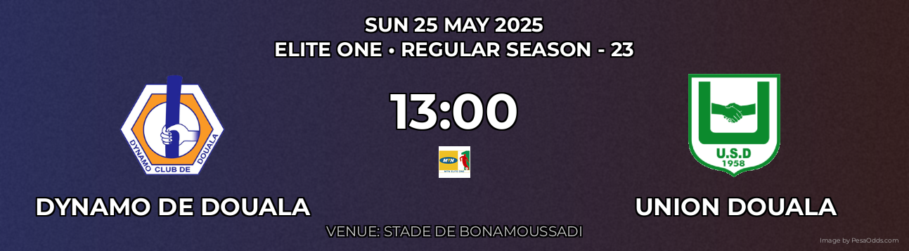 Dynamo de Douala vs Union Douala Prediction match poster for Elite One fixture on SUN 25 MAY 2025