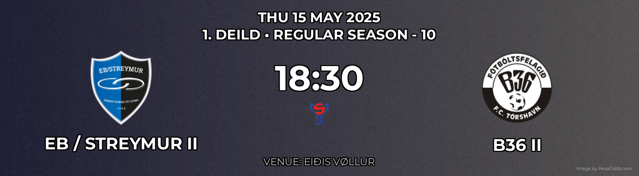 EB / Streymur II vs B36 II Prediction match poster for 1. Deild fixture on THU 15 MAY 2025