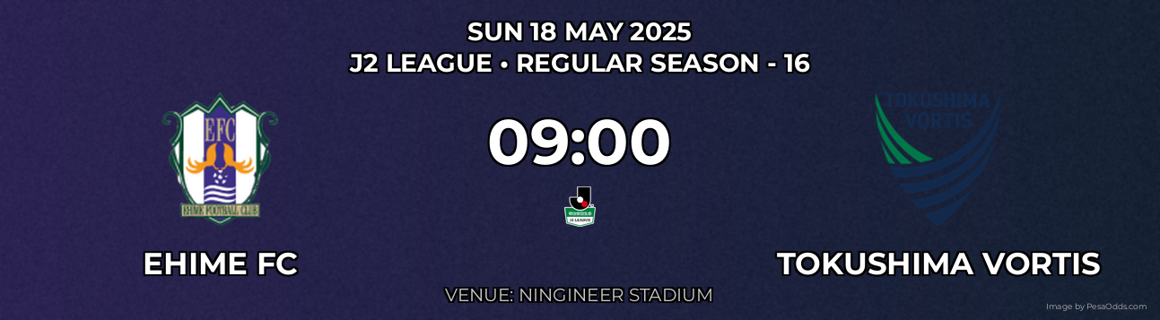 Ehime FC vs Tokushima Vortis Prediction match poster for J2 League fixture on SUN 18 MAY 2025