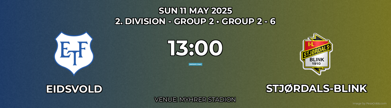 Eidsvold vs Stjørdals-Blink Prediction match poster for 2. Division - Group 2 fixture on SUN 11 MAY 2025