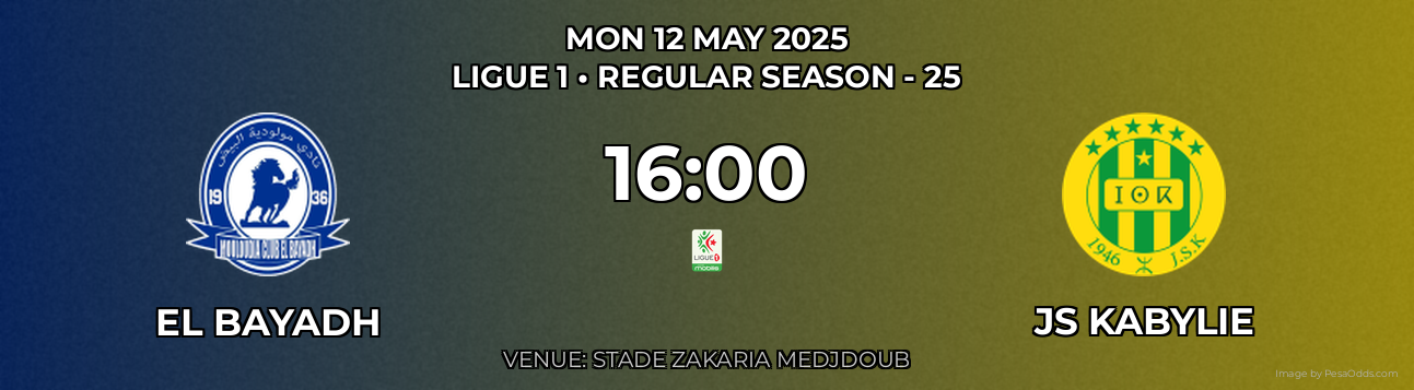 El Bayadh vs JS Kabylie Prediction match poster for Ligue 1 fixture on MON 12 MAY 2025