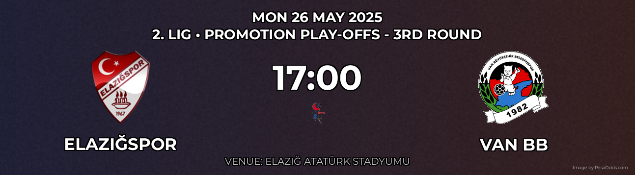 Elazığspor vs Van BB Prediction match poster for 2. Lig fixture on MON 26 MAY 2025