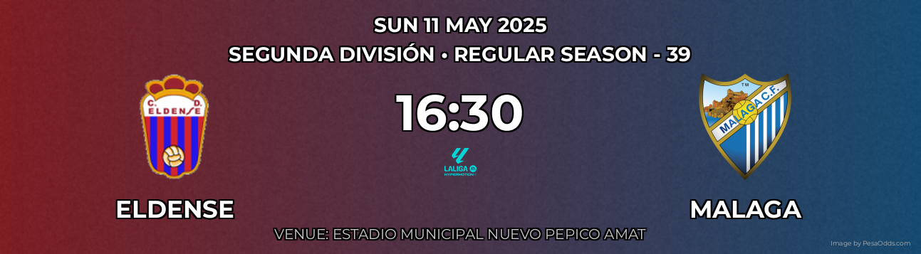 Eldense vs Malaga Prediction match poster for Segunda División fixture on SUN 11 MAY 2025
