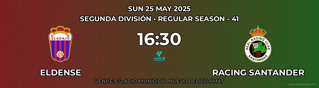 Eldense vs Racing Santander Prediction match poster for Segunda División fixture on SUN 25 MAY 2025