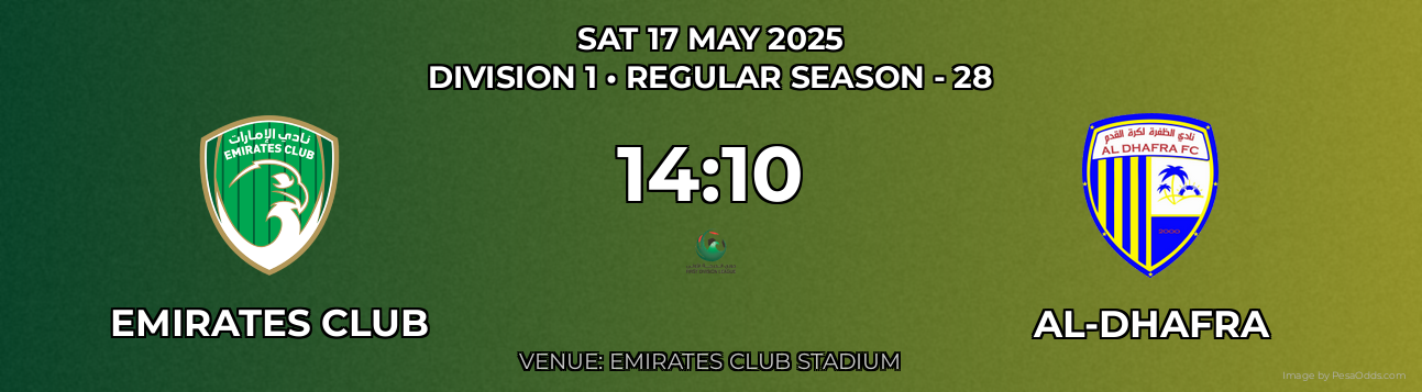 Emirates Club vs Al-Dhafra Prediction match poster for Division 1 fixture on SAT 17 MAY 2025