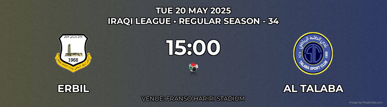 Erbil vs Al Talaba Prediction match poster for Iraqi League fixture on TUE 20 MAY 2025