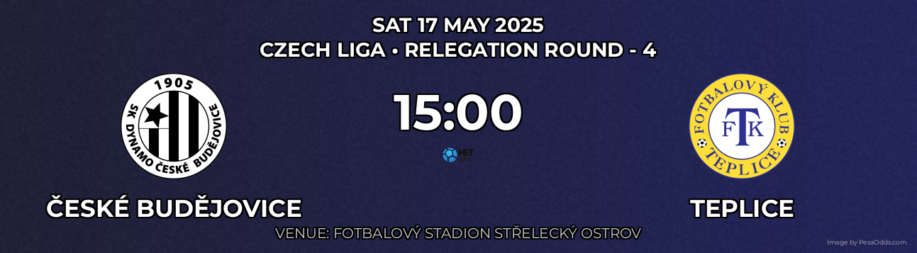 České Budějovice vs Teplice Prediction match poster for Czech Liga fixture on SAT 17 MAY 2025