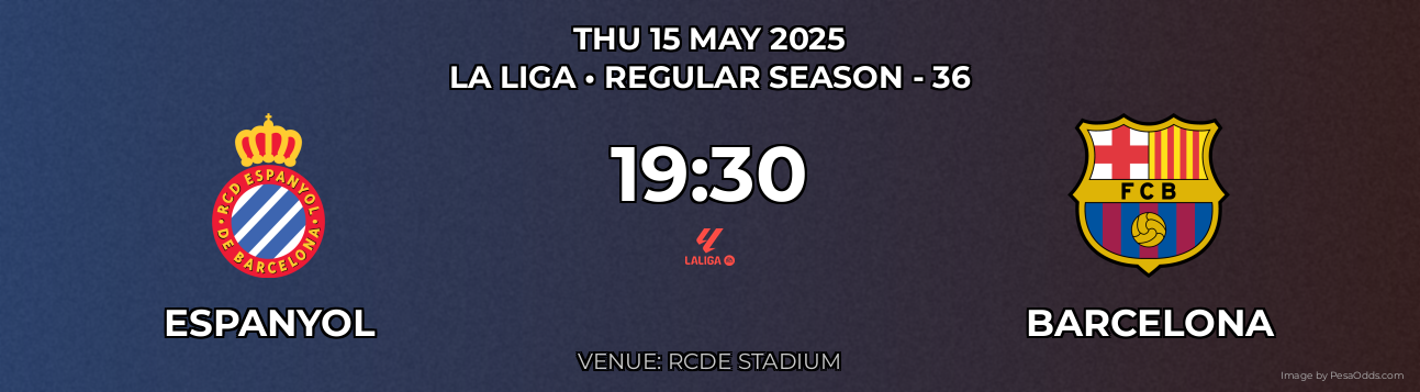 Espanyol vs Barcelona Prediction match poster for La Liga fixture on THU 15 MAY 2025