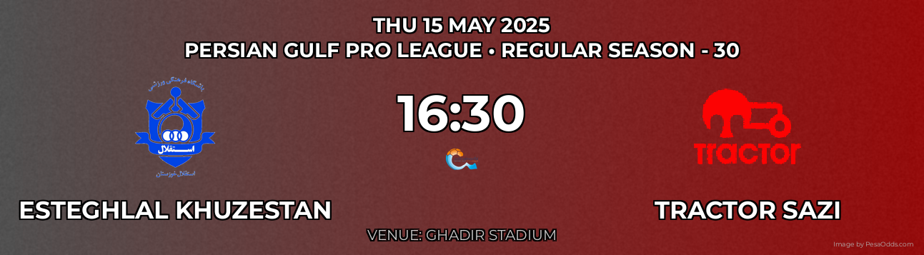 Esteghlal Khuzestan vs Tractor Sazi Prediction match poster for Persian Gulf Pro League fixture on THU 15 MAY 2025