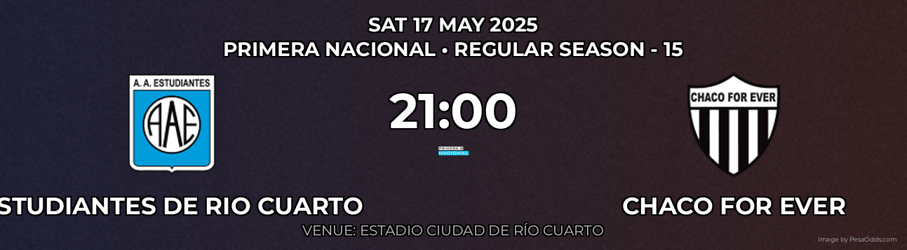 Estudiantes de Rio Cuarto vs Chaco For Ever Prediction match poster for Primera Nacional fixture on SAT 17 MAY 2025