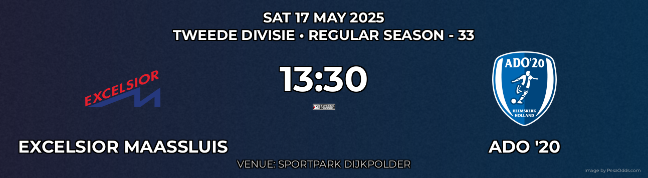 Excelsior Maassluis vs ADO '20 Prediction match poster for Tweede Divisie fixture on SAT 17 MAY 2025